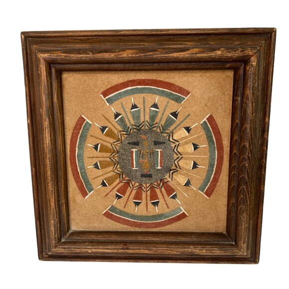 Navajo Sand Painting With Geometric Design In Wooden Frame